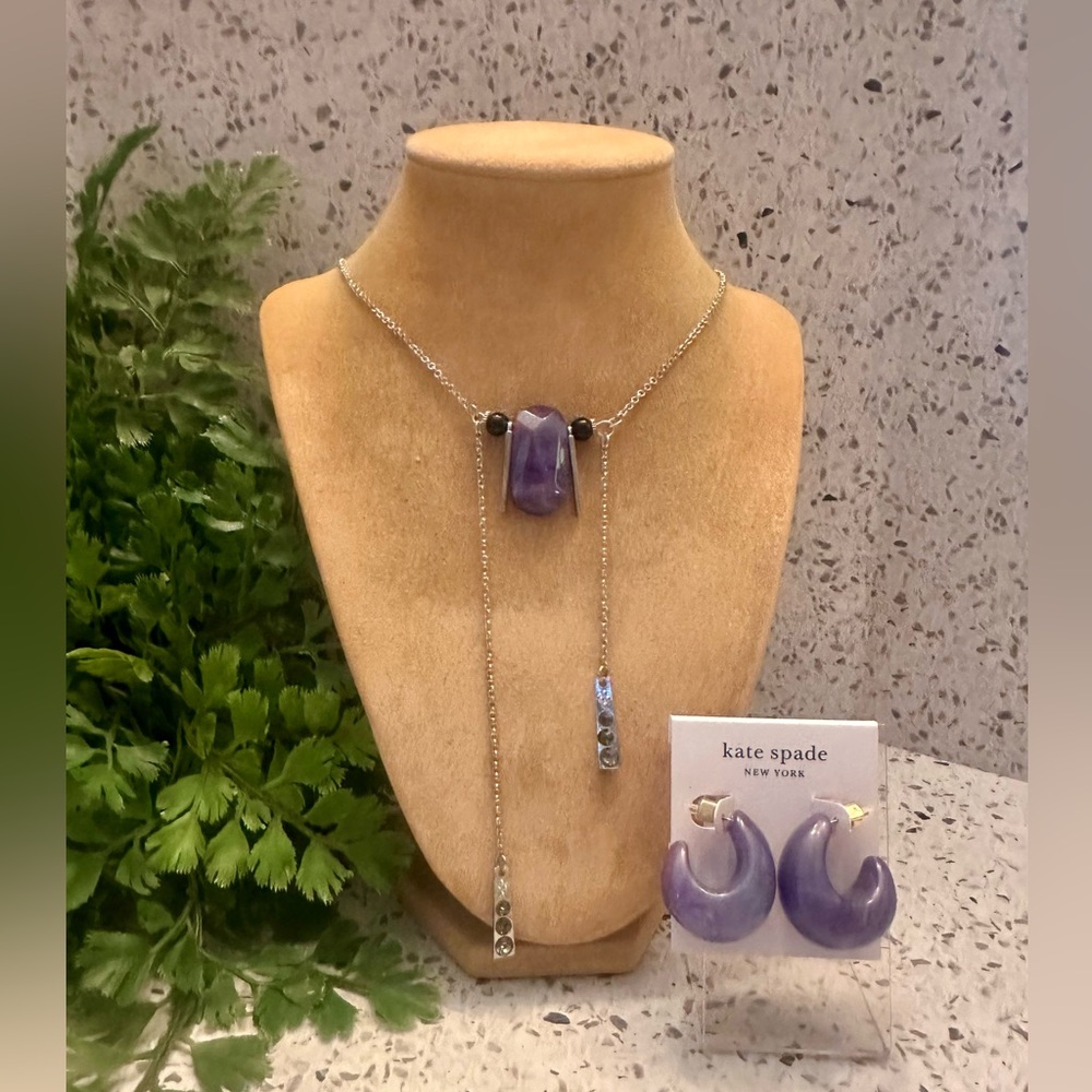 Kate Spade purple acrylic swirl earrings and faux Amethyst pendant necklace - Picture 2 of 12
